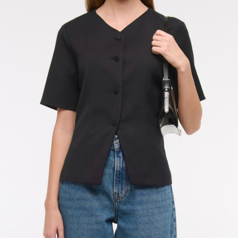Abercrombie & Fitch Black Fitted Tie Front Blouse